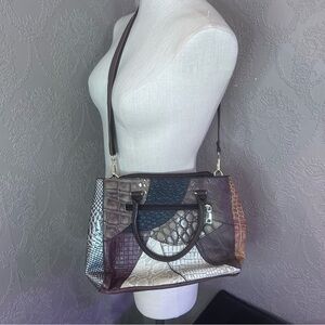 Artistic Brown and Cream Shoulder Bag with Collage Design